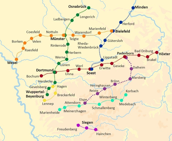 Karte der Jakobswege in Westfalen (Altertumskommission/Steinkrüger).